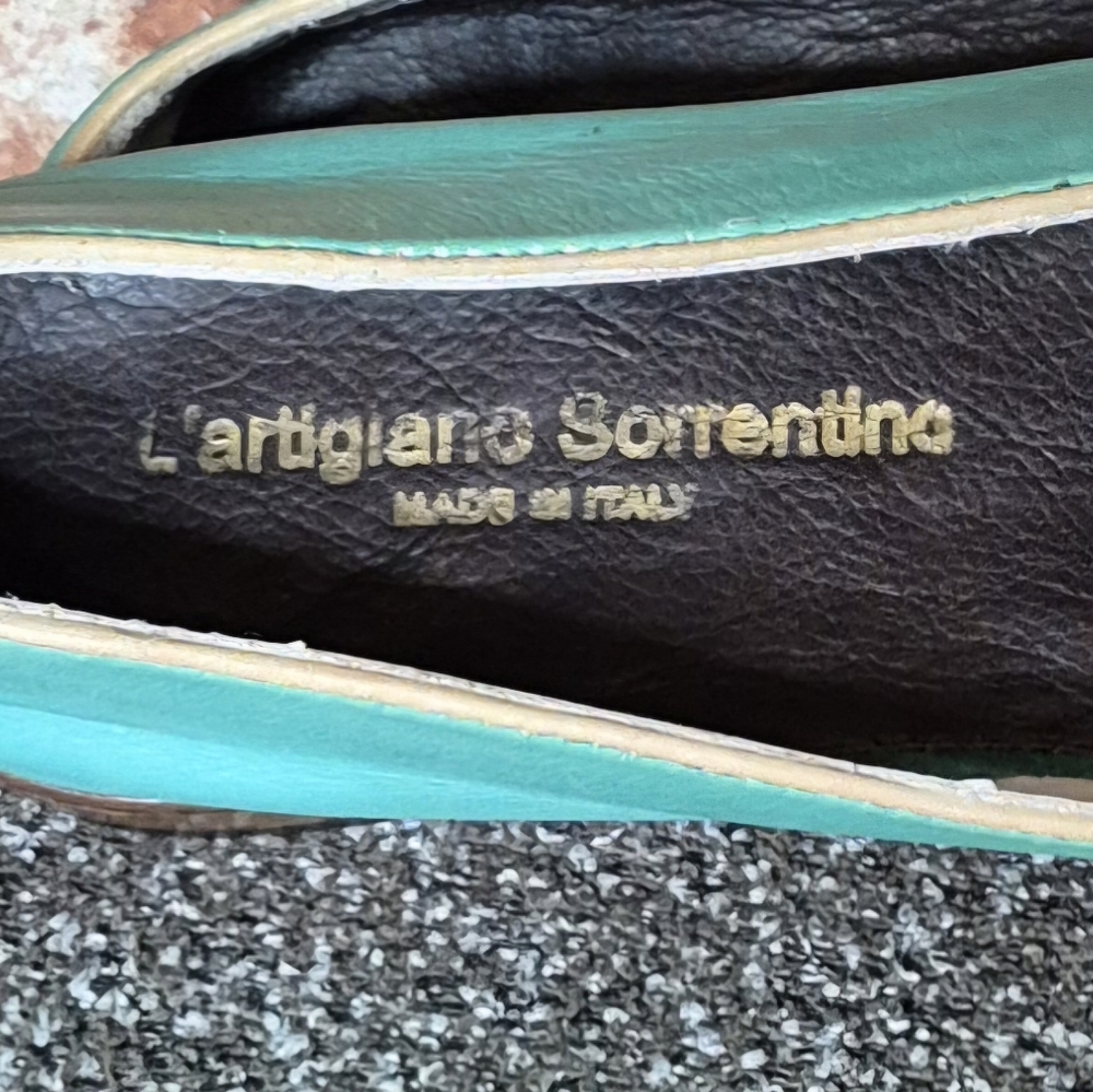 Italian Turquoise Leather Smoking Flats EU 37 Artisan Loafers Coastal Chic - Picture 11 of 13